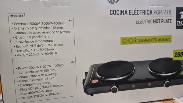COCINA ELECTRICA 2 FUEGOS  NEGRA THCE1582 THULOS - Imagen 2