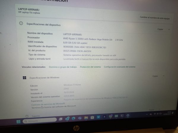 PORTATIL HP 15S-EQ0025NS 8GB RAM/256SSD/W11 AMD RYZEN 5 3500U - Imagen 4
